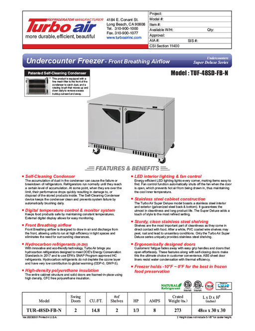 Turbo Air TUF-48SD-FB-N 48 1/4" W Undercounter Freezer w/ 2 Sections, Solid Doors & Front Breathing - Donut-Equipment.com