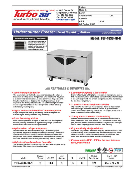 Turbo Air TUF-48SD-FB-N 48 1/4" W Undercounter Freezer w/ 2 Sections, Solid Doors & Front Breathing - Donut-Equipment.com