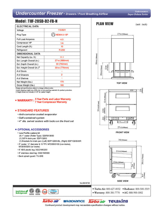 Turbo Air TUF-28SD-D2-FB-N 27 1/2" W Undercounter Freezer w/ 1 Section, 2 Drawers & Front Breathing - Donut-Equipment.com
