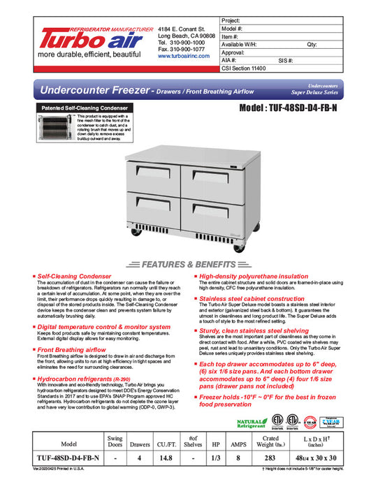 Turbo Air TUF-48SD-D4-FB-N 48 1/4" W Undercounter Freezer w/ 2 Sections, 4 Drawers & Front Breathing - Donut-Equipment.com