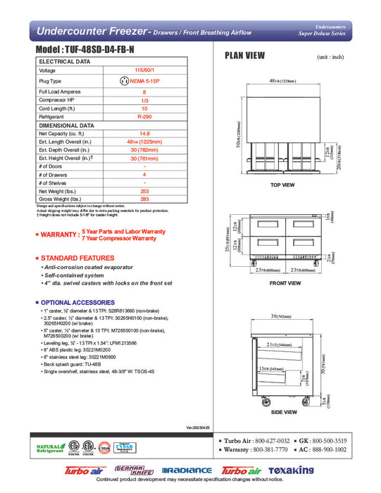 Turbo Air TUF-48SD-D4-FB-N 48 1/4" W Undercounter Freezer w/ 2 Sections, 4 Drawers & Front Breathing - Donut-Equipment.com