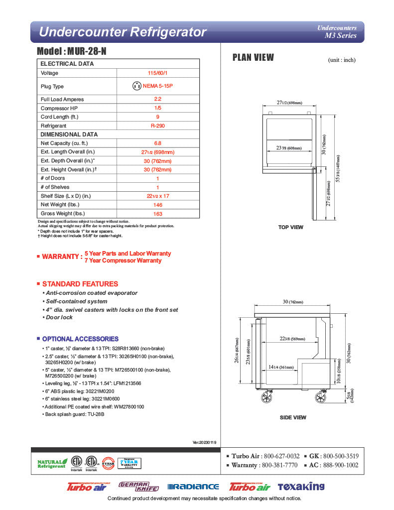 Turbo Air MUR-28-N 27 1/2" W Undercounter Refrigerator w/ 1 Section & Solid Door - Donut-Equipment.com