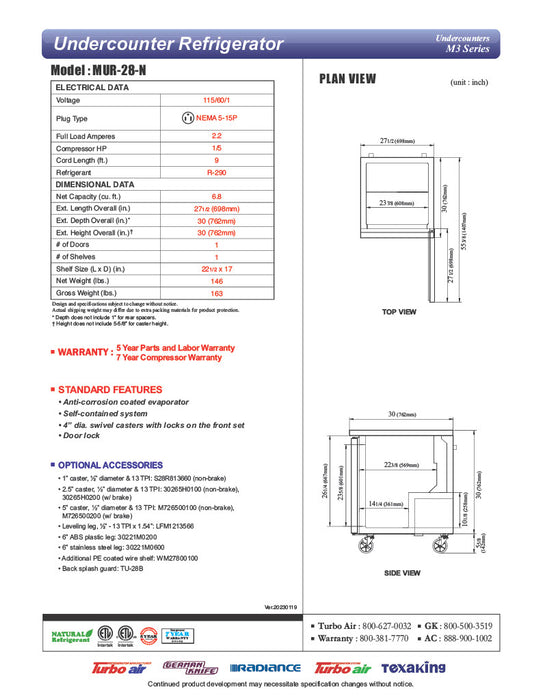 Turbo Air MUR-28-N 27 1/2" W Undercounter Refrigerator w/ 1 Section & Solid Door - Donut-Equipment.com