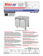 Turbo Air MUR-36-N6 36 1/4" W Undercounter Refrigerator w/ 1 Section, 2 Solid Doors & Hydrocarbon Refrigerant - Donut-Equipment.com