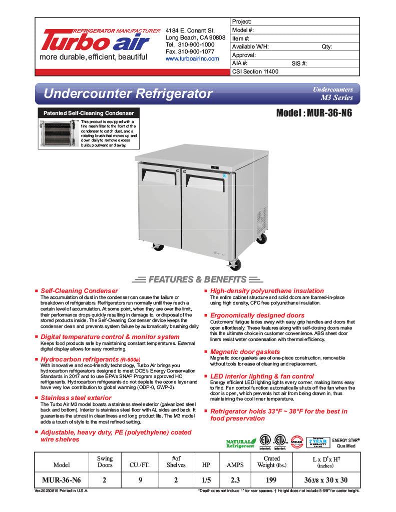 Turbo Air MUR-36-N6 36 1/4" W Undercounter Refrigerator w/ 1 Section, 2 Solid Doors & Hydrocarbon Refrigerant - Donut-Equipment.com