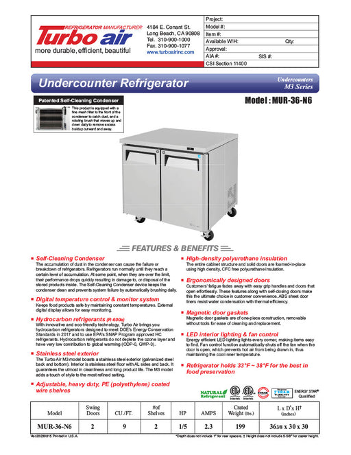 Turbo Air MUR-36-N6 36 1/4" W Undercounter Refrigerator w/ 1 Section, 2 Solid Doors & Hydrocarbon Refrigerant - Donut-Equipment.com