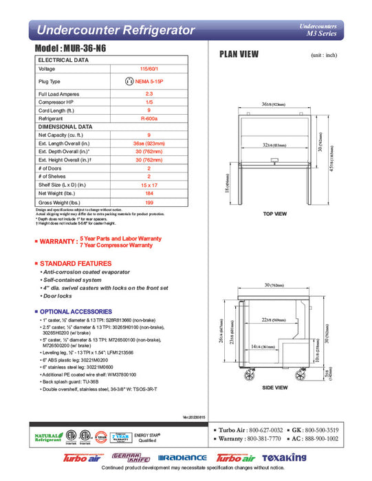 Turbo Air MUR-36-N6 36 1/4" W Undercounter Refrigerator w/ 1 Section, 2 Solid Doors & Hydrocarbon Refrigerant - Donut-Equipment.com