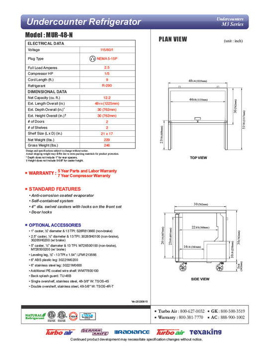 Turbo Air MUR-48-N 48 1/4" W Undercounter Refrigerator w/ 2 Sections & 2 Solid Doors - Donut-Equipment.com