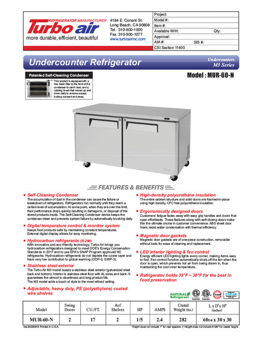 Turbo Air MUR-60-N 60 1/4" W Undercounter Refrigerator w/ 2 Sections & Solid Doors - Donut-Equipment.com