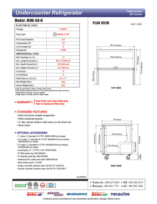 Turbo Air MUR-60-N 60 1/4" W Undercounter Refrigerator w/ 2 Sections & Solid Doors - Donut-Equipment.com