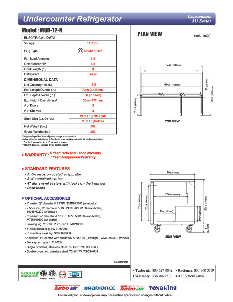 Turbo Air MUR-72-N 72 1/4" W Undercounter Refrigerator w/ 3 Sections & 3 Solid Doors - Donut-Equipment.com