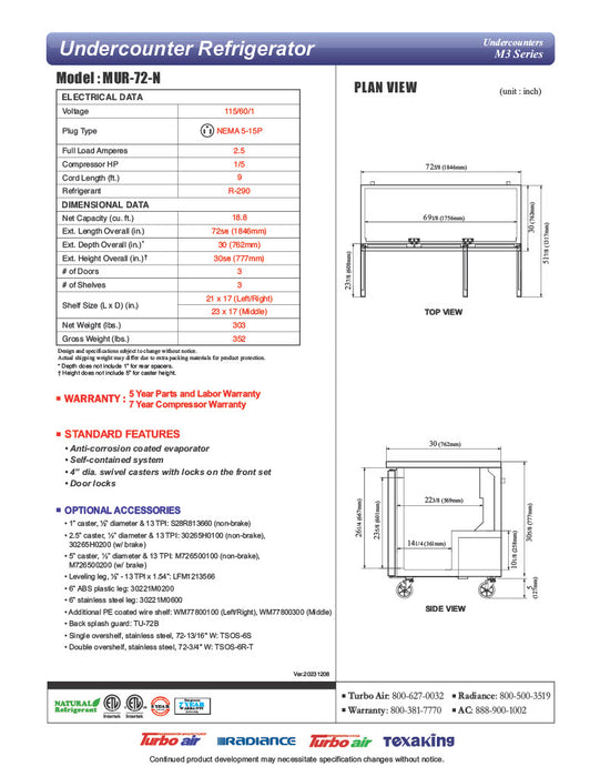 Turbo Air MUR-72-N 72 1/4" W Undercounter Refrigerator w/ 3 Sections & 3 Solid Doors - Donut-Equipment.com