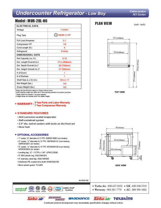 Turbo Air MUR-28L-N6 27 1/2" W Undercounter Refrigerator w/ 1 Section, Solid Door - Donut-Equipment.com