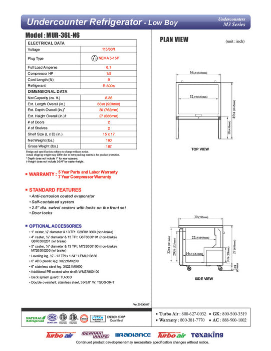 Turbo Air MUR-36L-N6 36 1/4" W Undercounter Refrigerator w/ 1 Section, 2 Solid Doors - Donut-Equipment.com