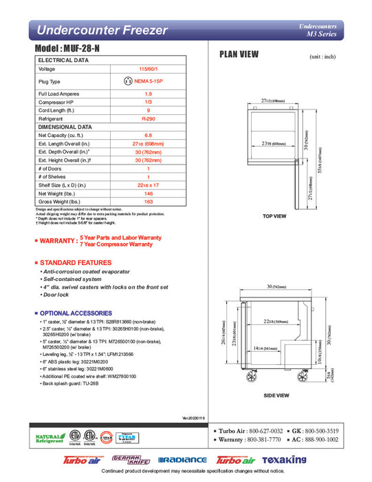 Turbo Air MUF-28-N 27 1/2" W Undercounter Freezer w/ 1 Section & 1 Solid Door - Donut-Equipment.com