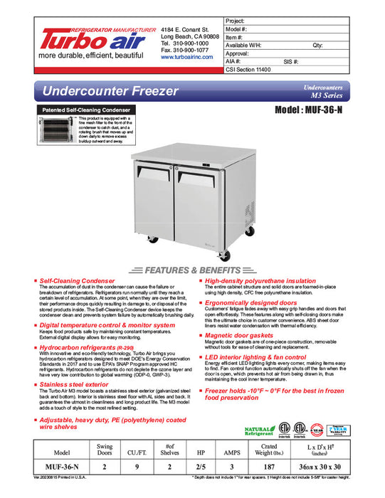 Turbo Air MUF-36-N 36 1/4" W Undercounter Freezer w/ 1 Section & 2 Solid Doors - Donut-Equipment.com