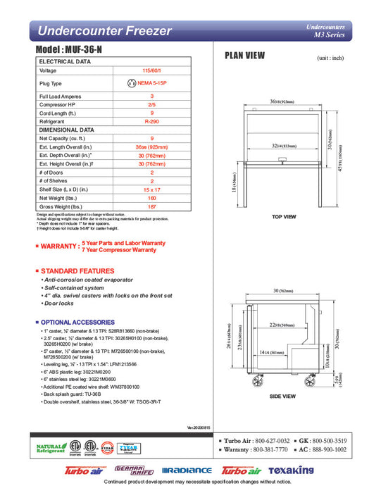 Turbo Air MUF-36-N 36 1/4" W Undercounter Freezer w/ 1 Section & 2 Solid Doors - Donut-Equipment.com