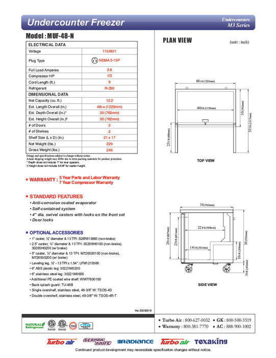 Turbo Air MUF-48-N 48 1/4" W Undercounter Freezer w/ 2 Sections & 2 Solid Doors - Donut-Equipment.com