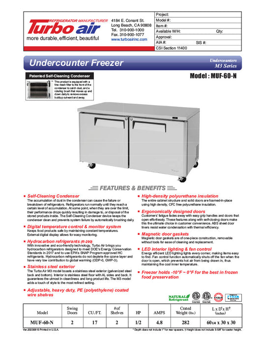 Turbo Air MUF-60-N 60 1/4" W Undercounter Freezer w/ 2 Sections & Solid Doors - Donut-Equipment.com