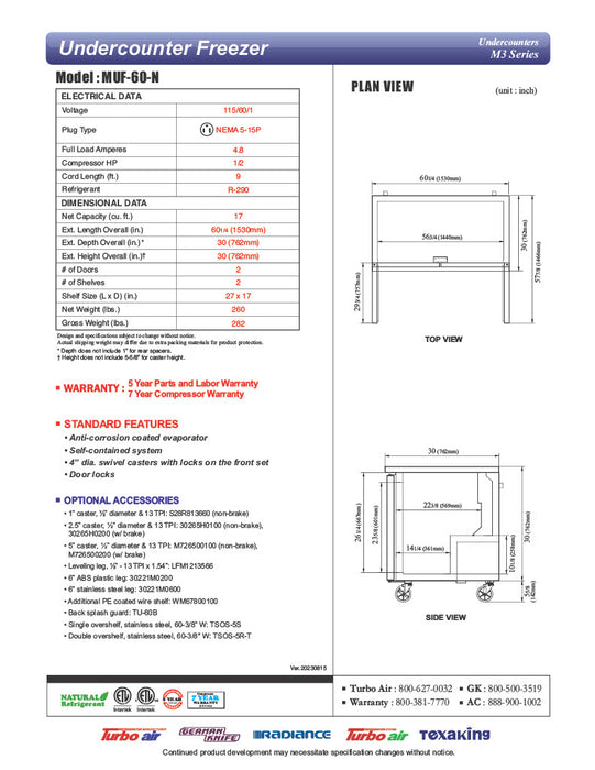 Turbo Air MUF-60-N 60 1/4" W Undercounter Freezer w/ 2 Sections & Solid Doors - Donut-Equipment.com