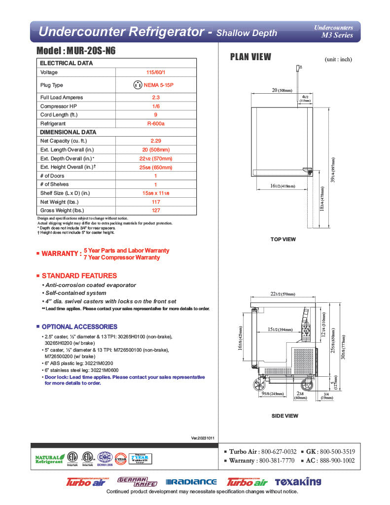 Turbo Air M3 MUR-20S-N6 20" Shallow Depth Low Profile Undercounter Refrigerator with 1 Solid Door - Donut-Equipment.com
