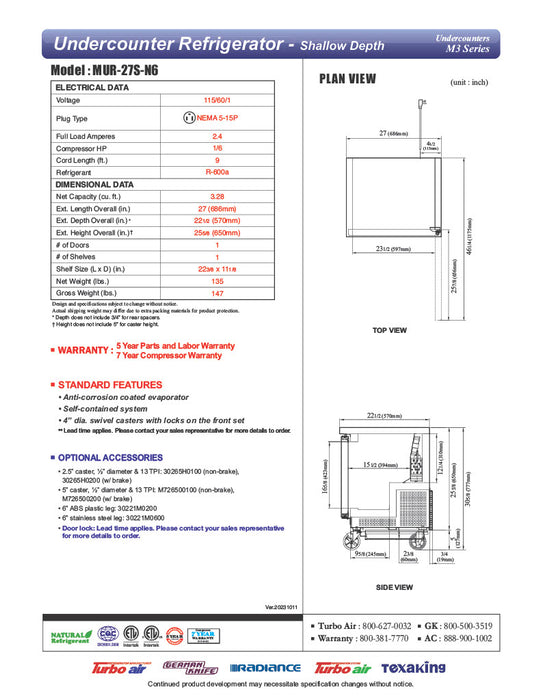 Turbo Air MUR-27S-N6 M3 Series 27" Shallow Depth Undercounter Refrigerator w/ 1 Section & Solid Door - Donut-Equipment.com