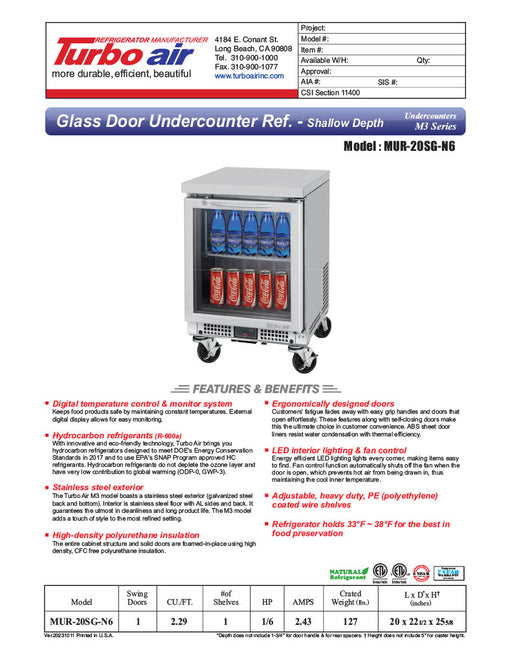 Turbo Air MUR-20SG-N6 M3 Series 20" Shallow Depth Undercounter Refrigerator w/ 1 Section & 1 Glass Door - Donut-Equipment.com
