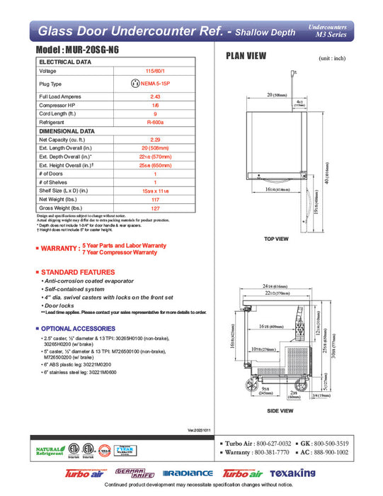 Turbo Air MUR-20SG-N6 M3 Series 20" Shallow Depth Undercounter Refrigerator w/ 1 Section & 1 Glass Door - Donut-Equipment.com