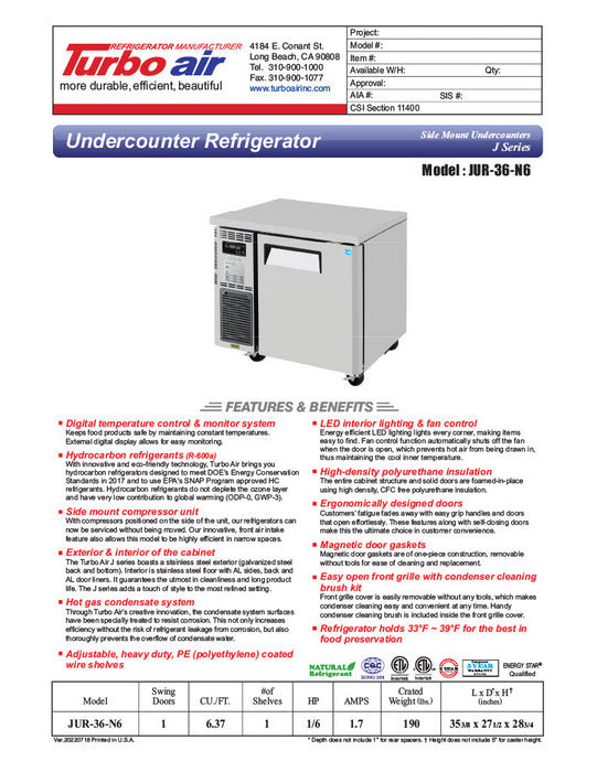 Turbo Air JUR-36-N6 J Series 36" Solid Door Undercounter Refrigerator w/ Side Mounted Compressor - Donut-Equipment.com