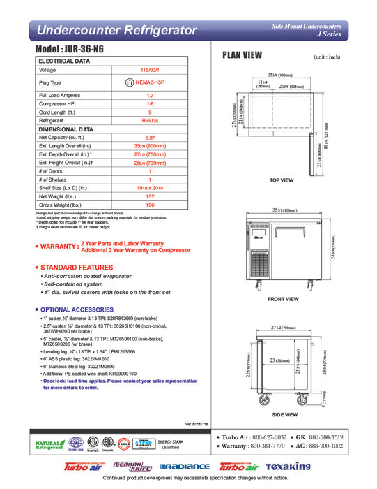 Turbo Air JUR-36-N6 J Series 36" Solid Door Undercounter Refrigerator w/ Side Mounted Compressor - Donut-Equipment.com
