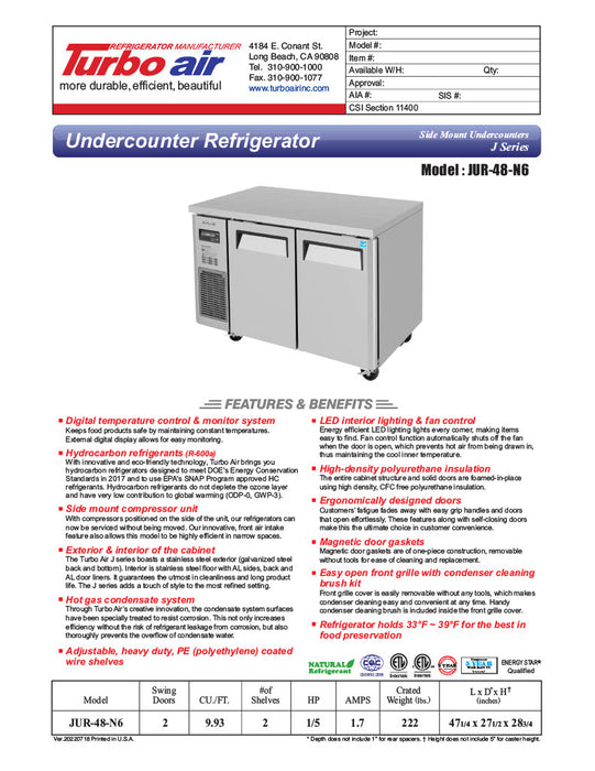Turbo Air JUR-48-N6 J Series 48" Undercounter Refrigerator w/ 2 Solid Doors & Side Mounted Compressor - Donut-Equipment.com