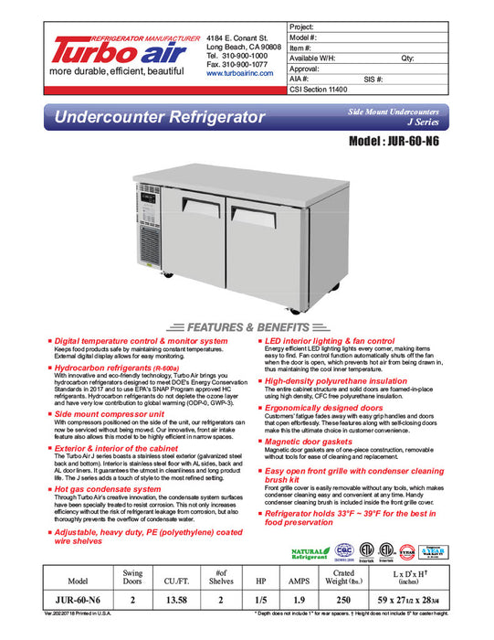 Turbo Air JUR-60-N6 J Series 60" Solid Door Undercounter Refrigerator w/ 2 Sections & Side Mounted Compressor - Donut-Equipment.com