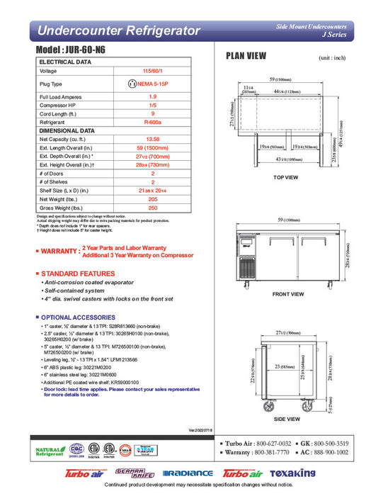 Turbo Air JUR-60-N6 J Series 60" Solid Door Undercounter Refrigerator w/ 2 Sections & Side Mounted Compressor - Donut-Equipment.com