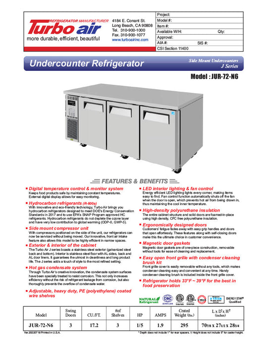 Turbo Air JUR-72-N6 J Series 72"/ 3 Solid Door Undercounter Refrigerator w/ 3 Sections & Side Mounted Compressor - Donut-Equipment.com