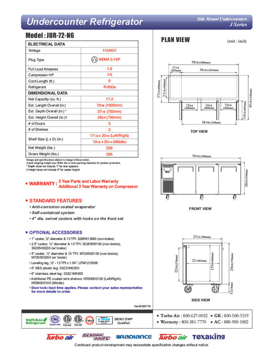 Turbo Air JUR-72-N6 J Series 72"/ 3 Solid Door Undercounter Refrigerator w/ 3 Sections & Side Mounted Compressor - Donut-Equipment.com