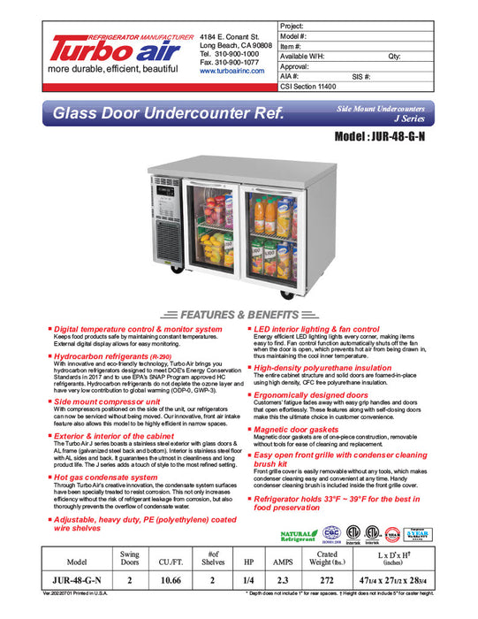 Turbo Air JUR-48-G-N J Series 48" Glass Door Undercounter Refrigerator w/ 2 Sections & Side Mounted Compressor - Donut-Equipment.com