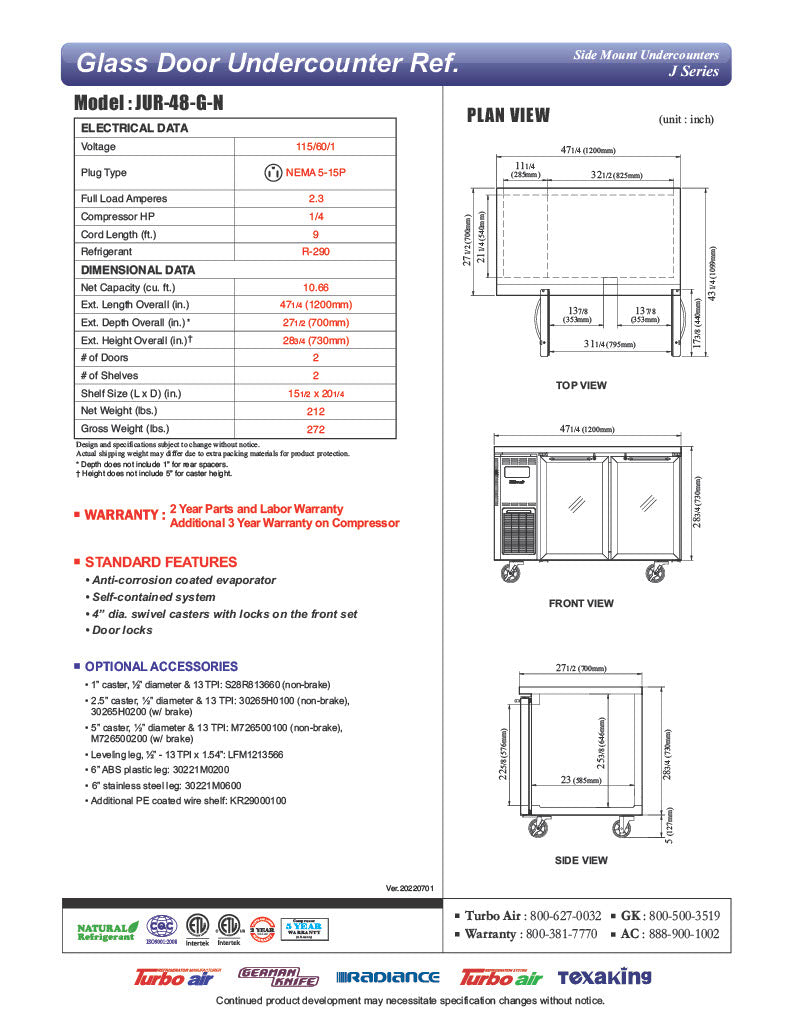 Turbo Air JUR-48-G-N J Series 48" Glass Door Undercounter Refrigerator w/ 2 Sections & Side Mounted Compressor - Donut-Equipment.com