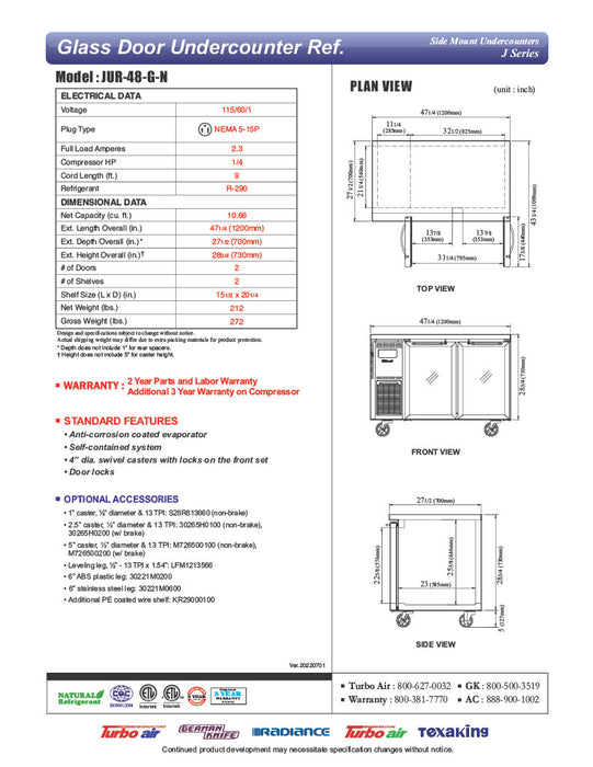 Turbo Air JUR-48-G-N J Series 48" Glass Door Undercounter Refrigerator w/ 2 Sections & Side Mounted Compressor - Donut-Equipment.com