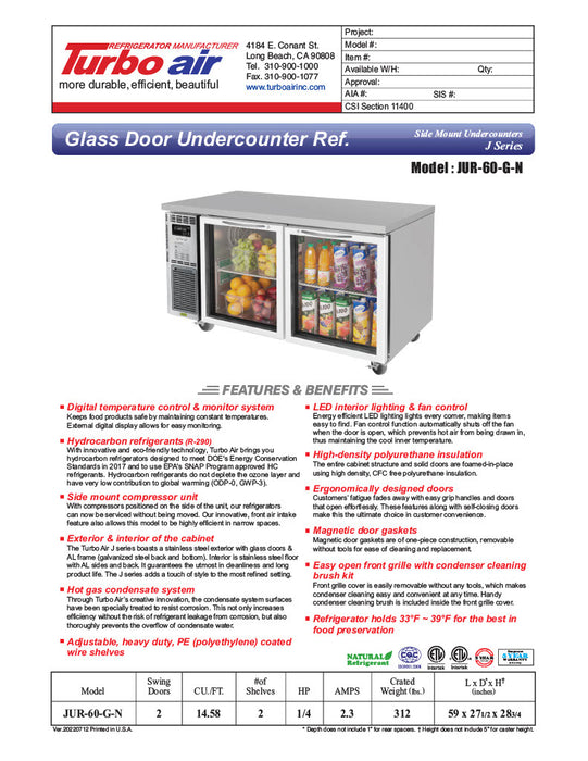 Turbo Air JUR-60-G-N J Series 60" Glass Door Undercounter Refrigerator w/ 2 Sections & Side Mounted Compressor - Donut-Equipment.com