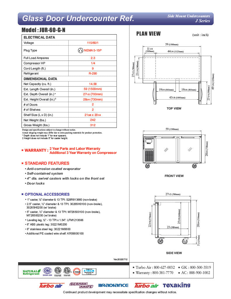 Turbo Air JUR-60-G-N J Series 60" Glass Door Undercounter Refrigerator w/ 2 Sections & Side Mounted Compressor - Donut-Equipment.com