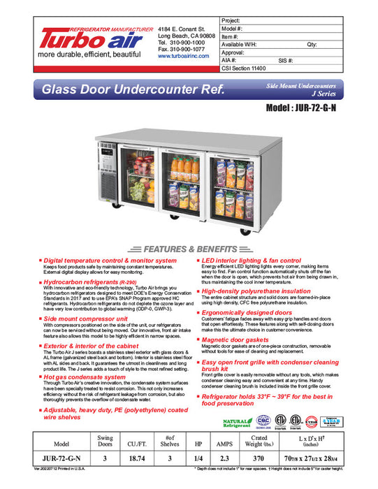 Turbo Air JUR-72-G-N J Series 72" Glass Door Undercounter Refrigerator w/ 3 Sections & Side Mounted Compressor - Donut-Equipment.com