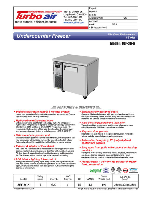 Turbo Air JUF-36-N J Series 36" Solid Door Undercounter Freezer w/ 1 Section & Side Mounted Compressor - Donut-Equipment.com