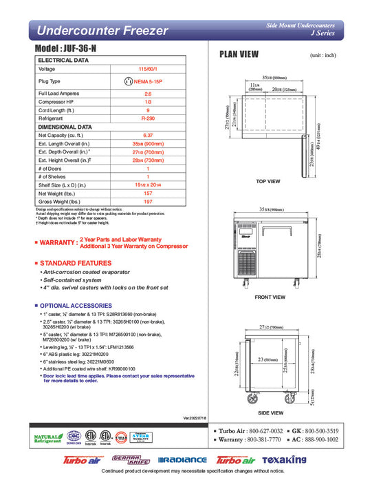 Turbo Air JUF-36-N J Series 36" Solid Door Undercounter Freezer w/ 1 Section & Side Mounted Compressor - Donut-Equipment.com