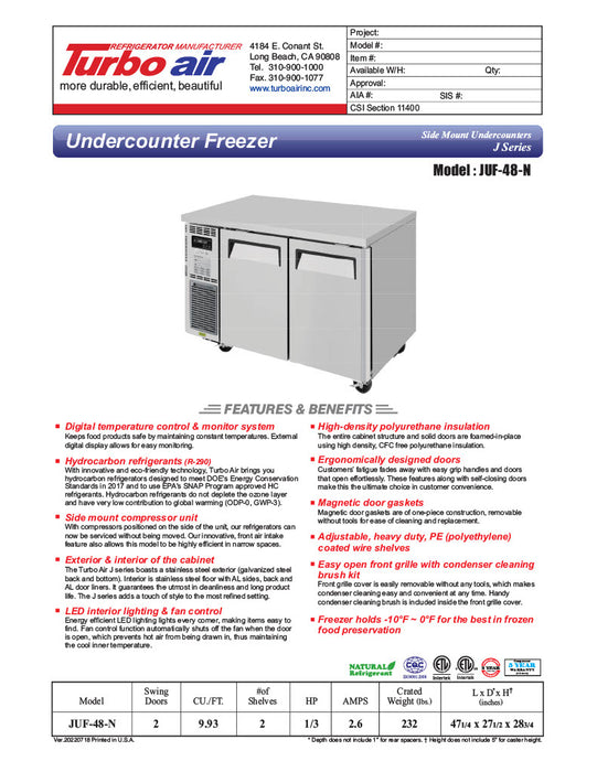 Turbo Air JUF-48-N J Series 48" Solid Door Undercounter Freezer w/ 2 Sections & Side Mounted Compressor - Donut-Equipment.com