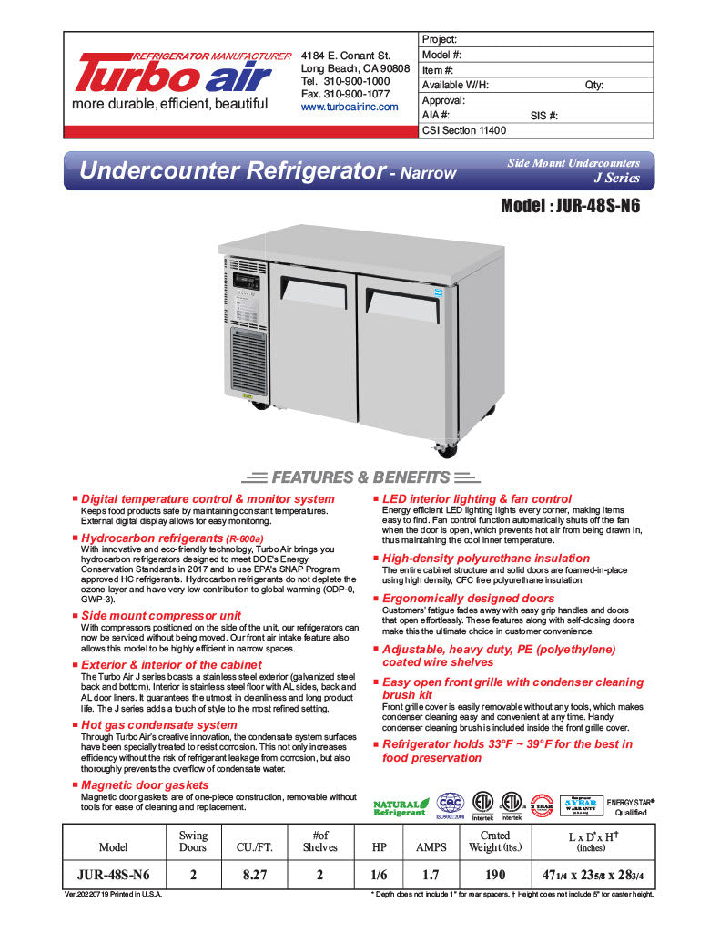 Turbo Air JUR-48S-N6 J Series 48" Narrow Depth Undercounter Refrigerator w/ 2 Sections, Solid Doors & Side Mounted Compressor - Donut-Equipment.com