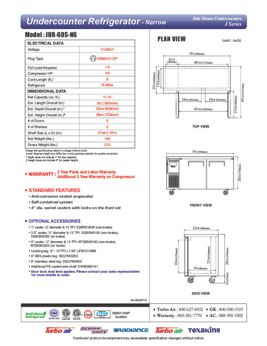 Turbo Air JUR-60S-N6 J Series 60" Narrow Depth Undercounter Refrigerator w/ 2 Sections, Solid Doors & Side Mounted Compressor - Donut-Equipment.com