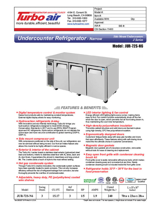 Turbo Air JUR-72S-N6 J Series 72" Narrow Depth Undercounter Refrigerator w/ 3 Sections, Solid Doors & Side Mounted Compressor - Donut-Equipment.com