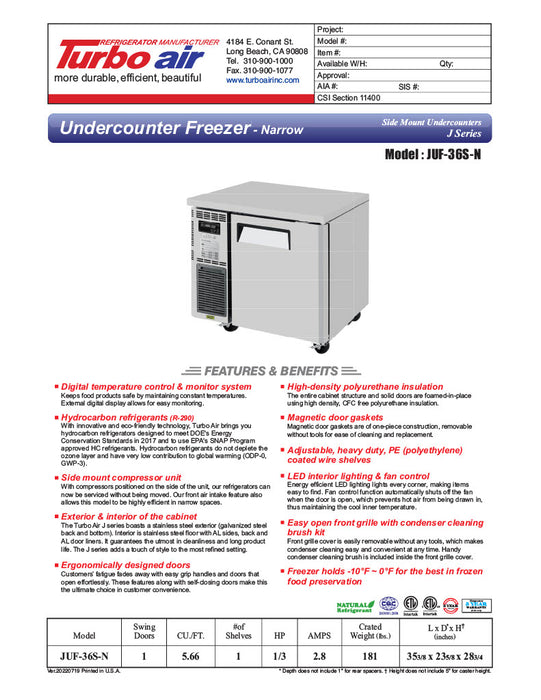 Turbo Air JUF-36S-N J Series 36" Narrow Depth Undercounter Freezer w/ 1 Section, Solid Door & Side Mounted Compressor - Donut-Equipment.com