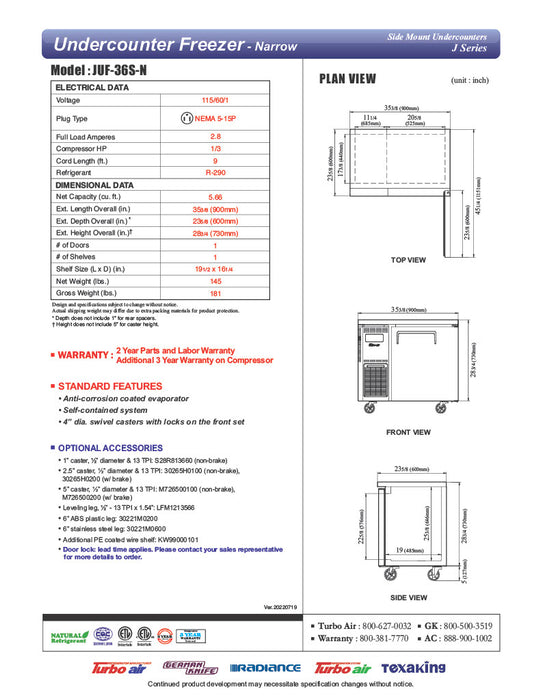 Turbo Air JUF-36S-N J Series 36" Narrow Depth Undercounter Freezer w/ 1 Section, Solid Door & Side Mounted Compressor - Donut-Equipment.com