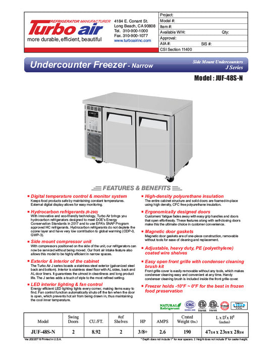 Turbo Air JUF-48S-N J Series 48" Narrow Depth Undercounter Freezer w/ 2 Sections, Solid Doors & Side Mounted Compressor - Donut-Equipment.com